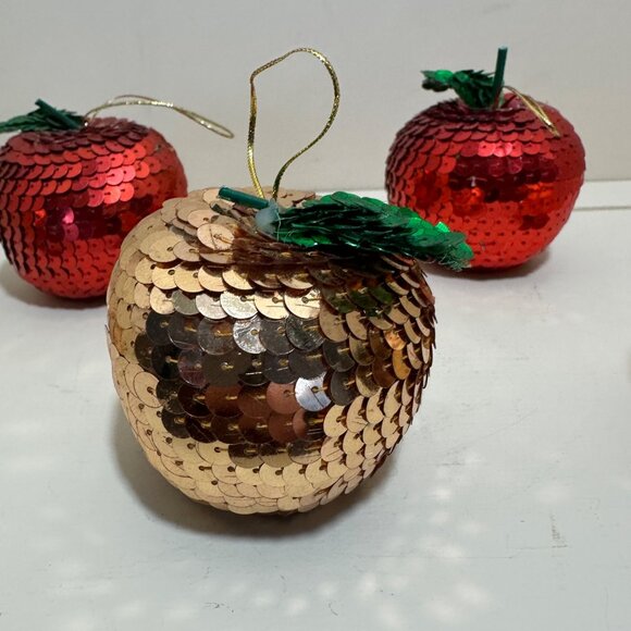 Handmade Vintage Sequin Apple Christmas Ornaments Set Of 5 Gold & Red - Picture 4 of 16